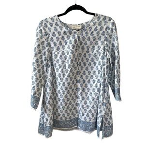 Jones New York Linen Blue and White Floral Print Blouse White Blue L